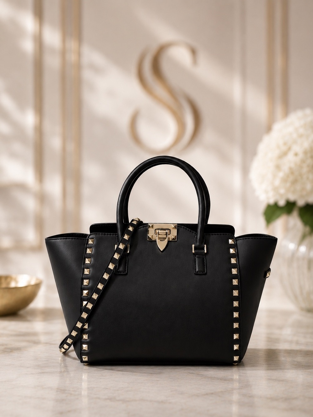 Valentino Garavani Large Rockstud Tote Satchel Black Leather Crossbody Bag